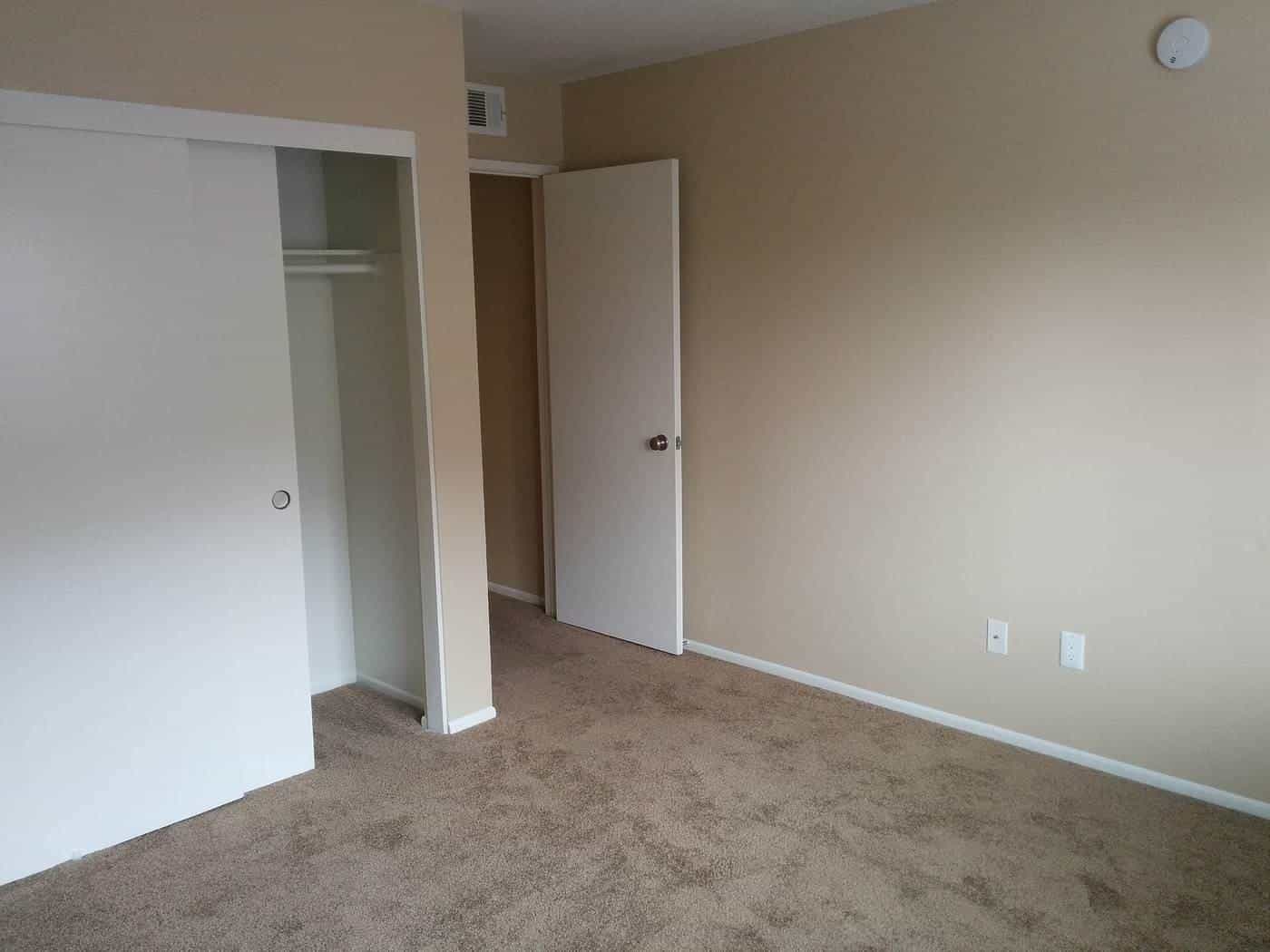 An empty carpeted room with a closet