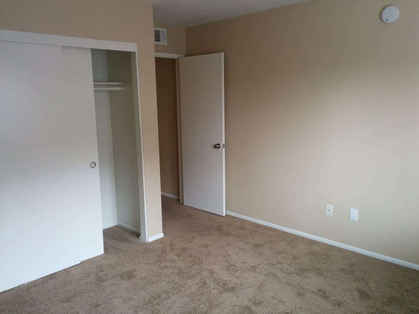 An empty carpeted room with a closet