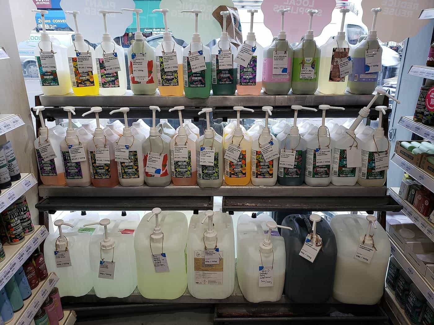 Shelves of cleaning product refill containers